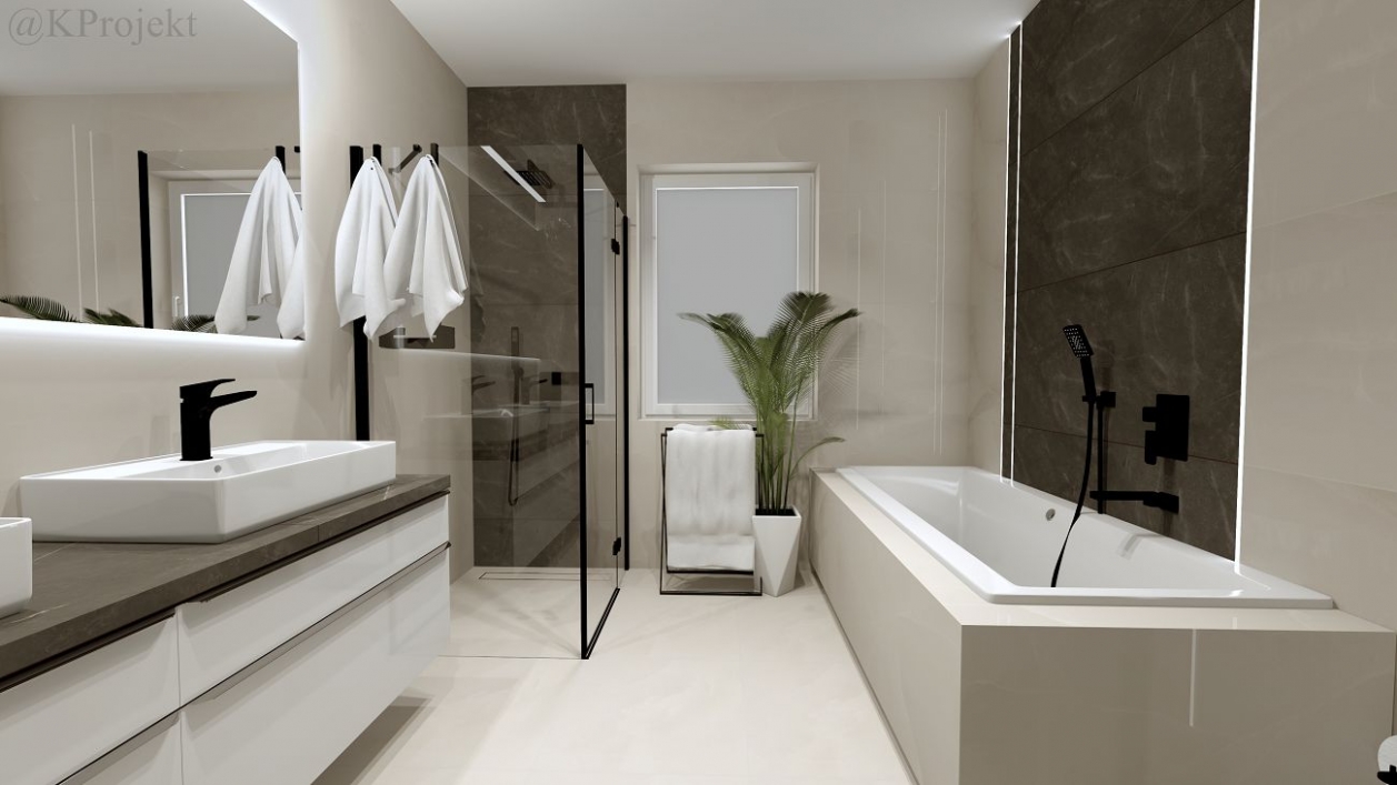 Łazienka z kabiną prysznicową i wanną w projekcie salonu BLU Radom