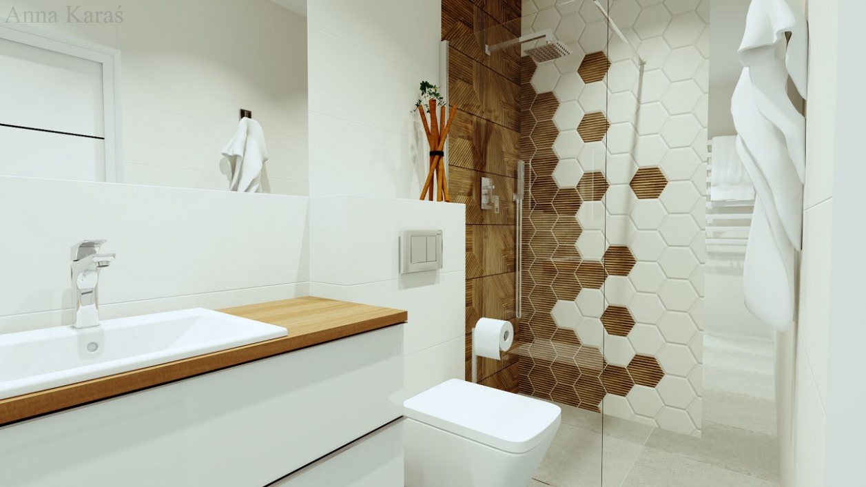 Biała łazienka z płytkami Ceramika Paradyż Woodskin w projekcie salonu BLU Radom