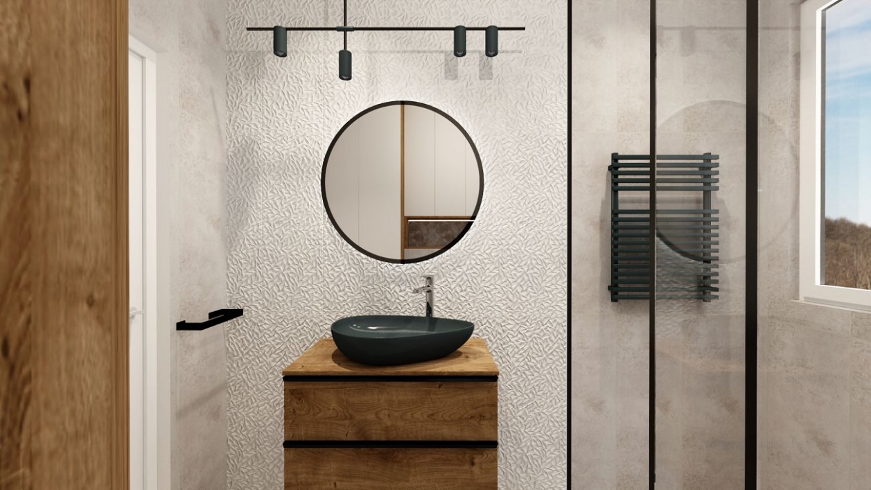 Czarna umywalka IÖ Tromso Slim w industrialnej łazience w projekcie salonu BLU Ełk