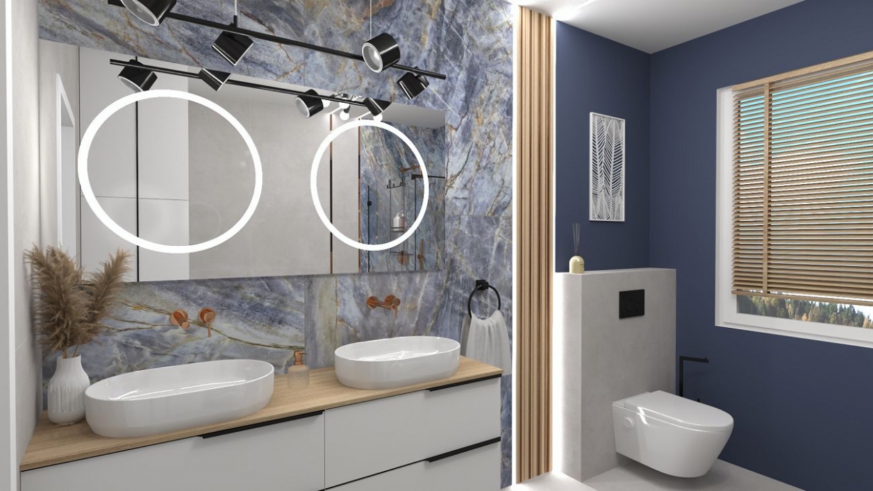 Niebieska łazienka z białą ceramiką i złotą armaturą w projekcie salonu BLU Ełk
