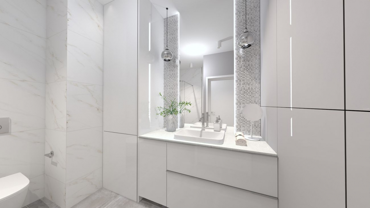 Biała łazienka z mozaiką w projekcie salonu BLU Ełk