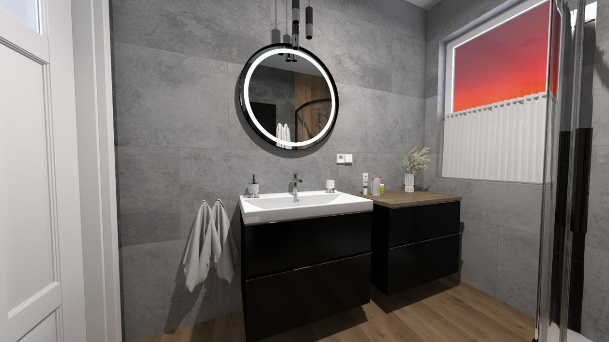Łazienka w stylu nowoczesnym z ciemną szafką podumywalkową w projekcie salonu BLU Olsztyn