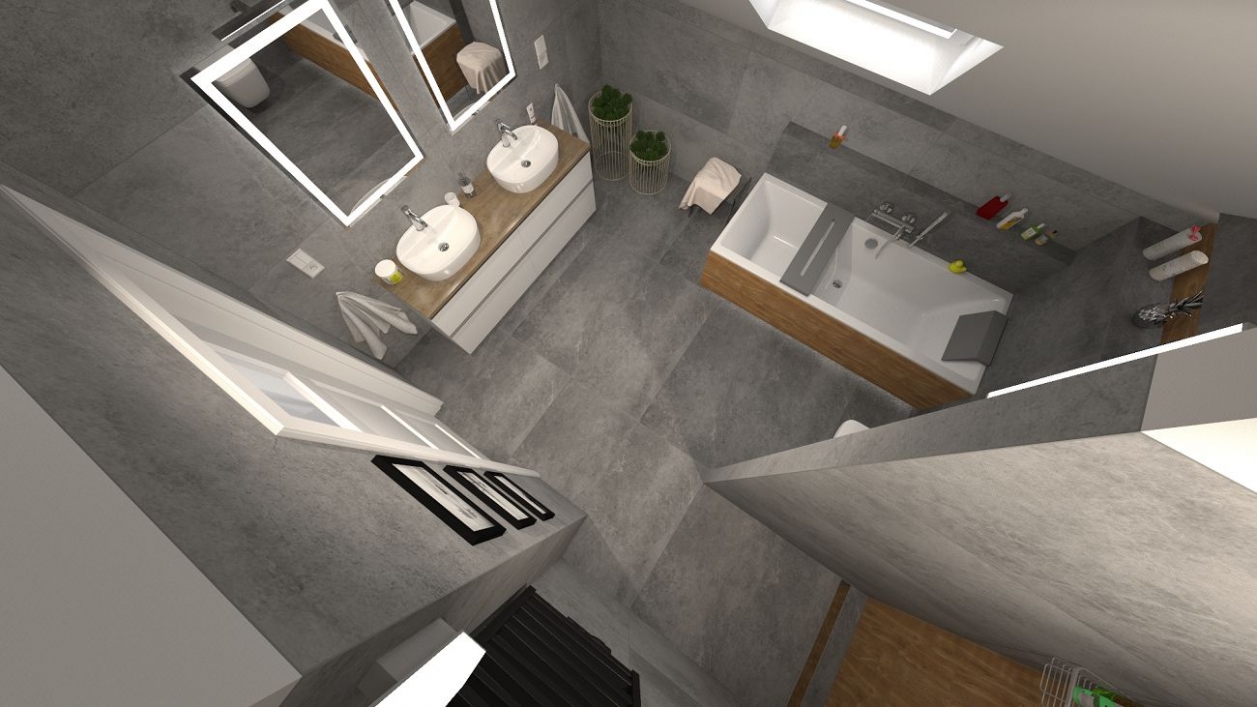 Szara łazienka z białą ceramiką w projekcie salonu BLU Olsztyn
