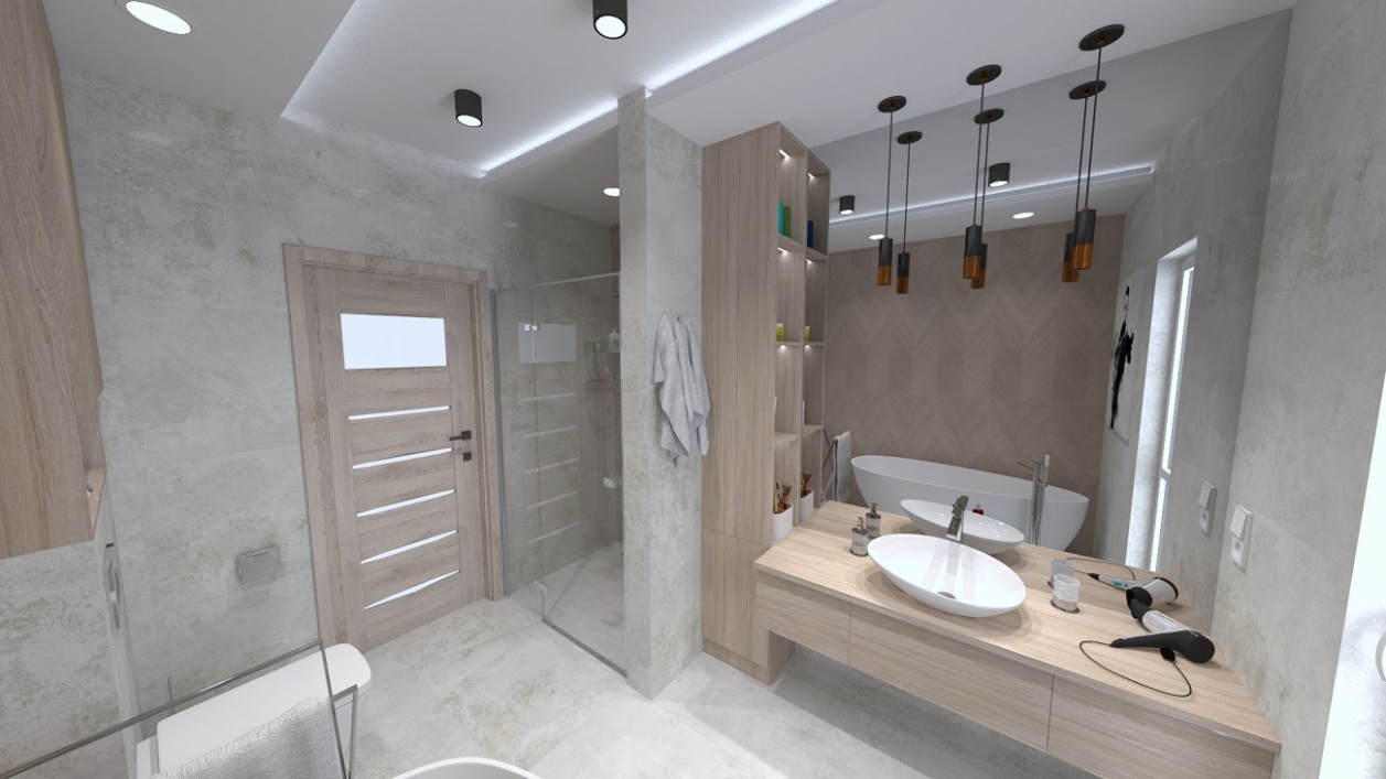 Łazienka w drewnie i szarości w projekcie salonu BLU Olsztyn