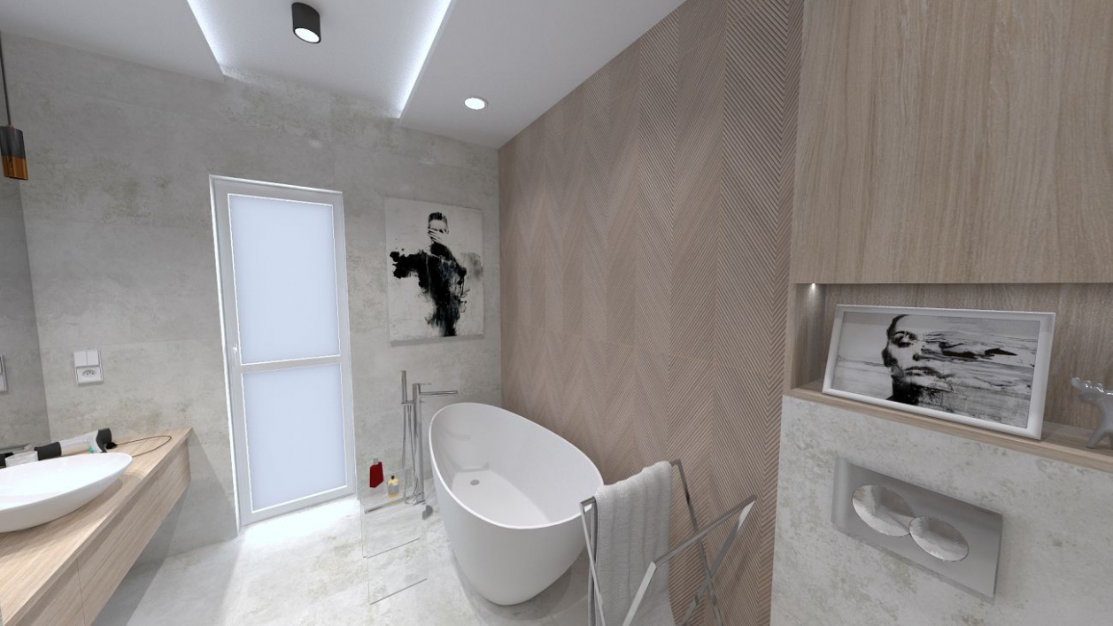 Jasna łazienka z wanną wolnostojącą w projekcie salonu BLU Olsztyn