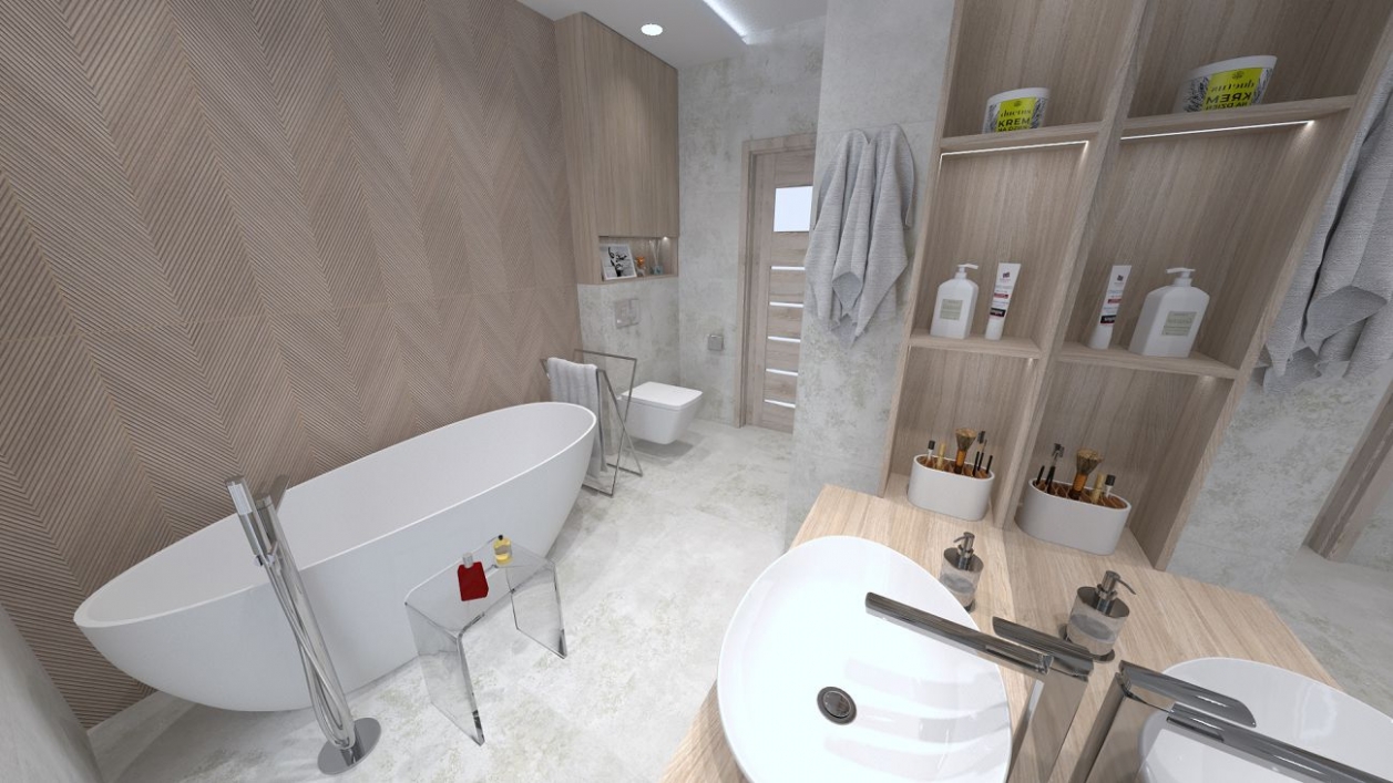 Łazienka w stylu skandynawskim z płytkami imitującymi drewno w projekcie salonu BLU Olsztyn