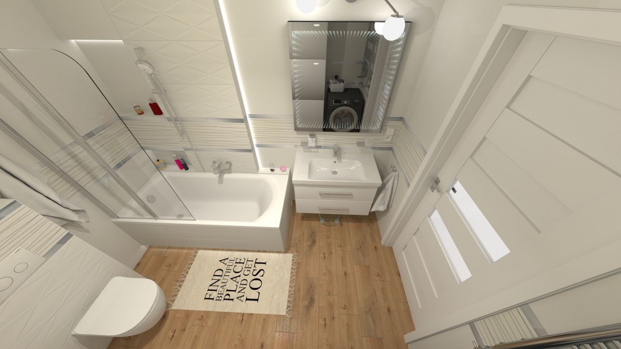 Biała łazienka z podłogą imitującą drewno w projekcie salonu BLU Olsztyn