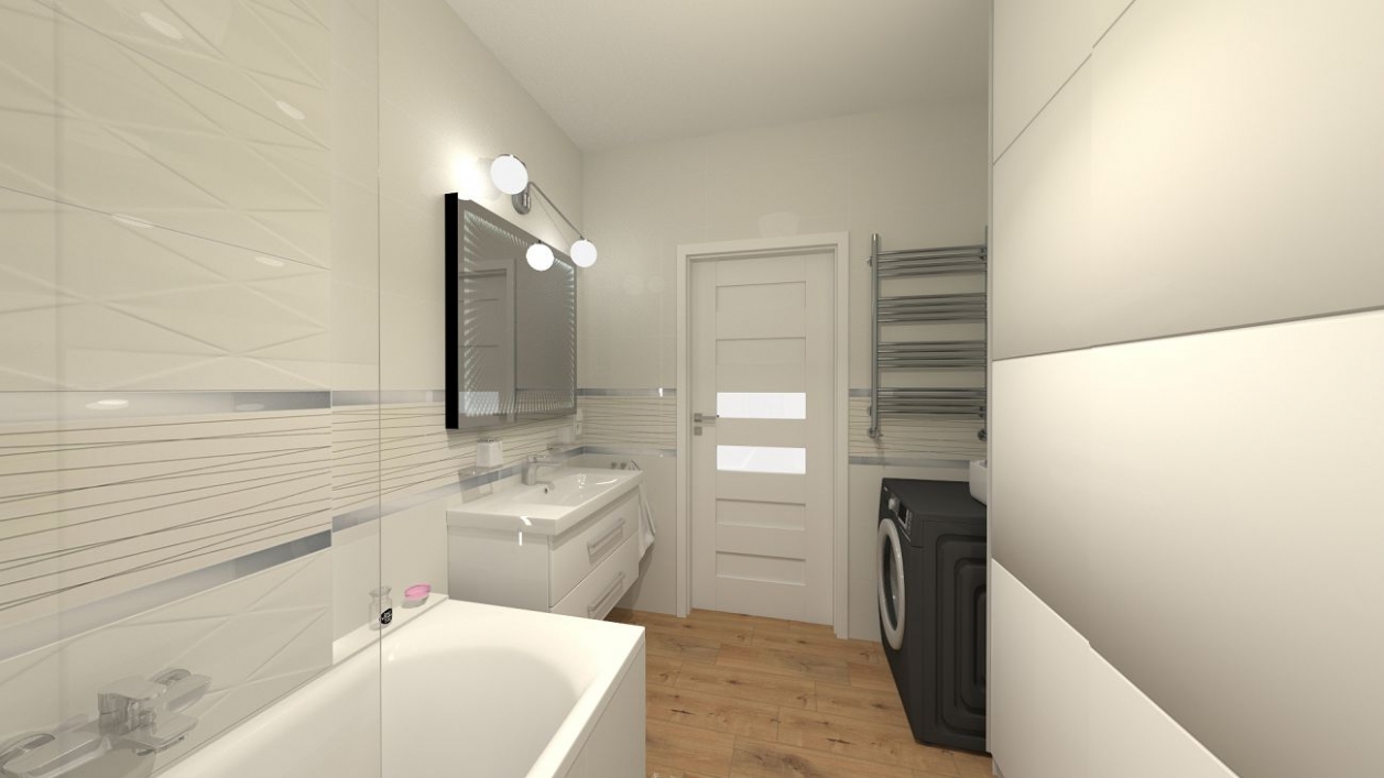 Biel i drewno w małej łazience w projekcie salonu BLU Olsztyn