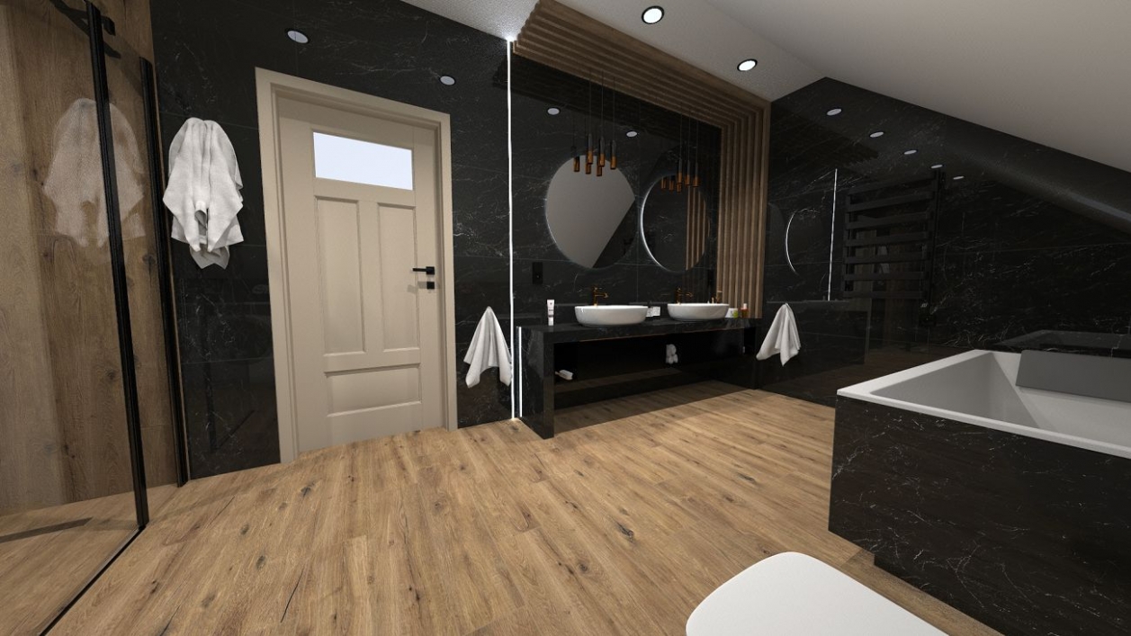 Czarna łazienka na poddaszu w projekcie salonu BLU Olsztyn