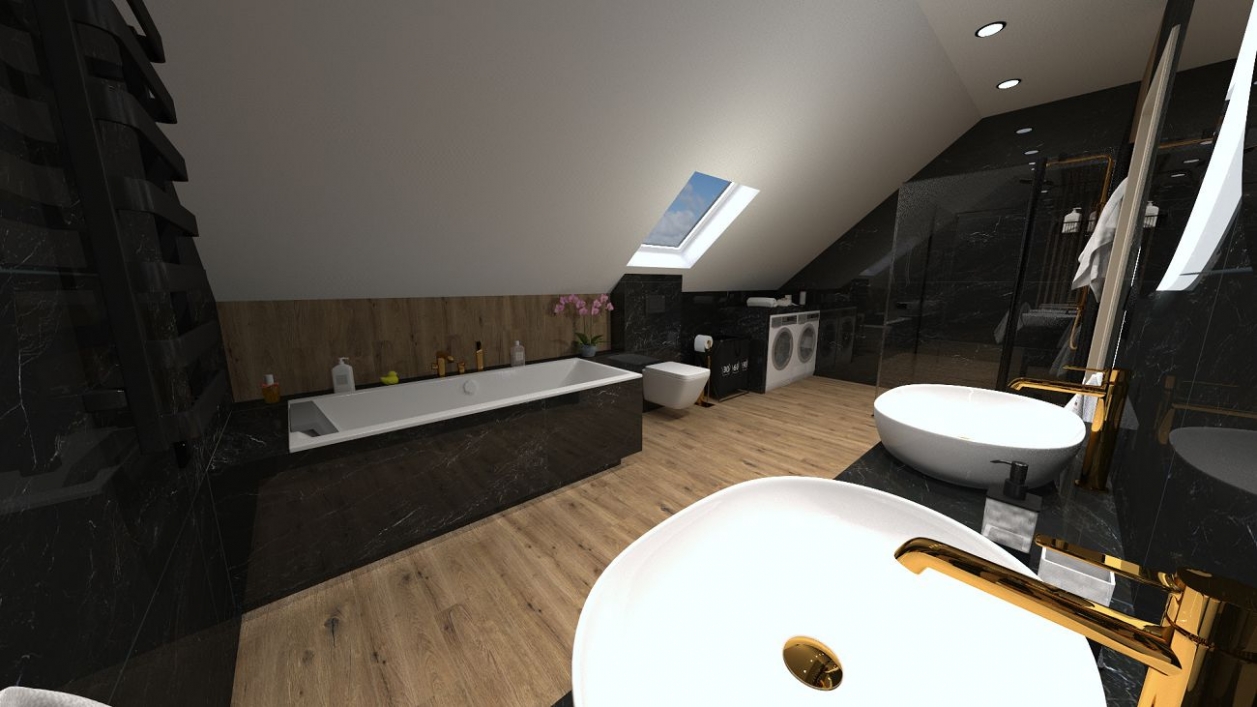 Łazienka na poddaszu z wanną i prysznicem w projekcie salonu BLU Olsztyn