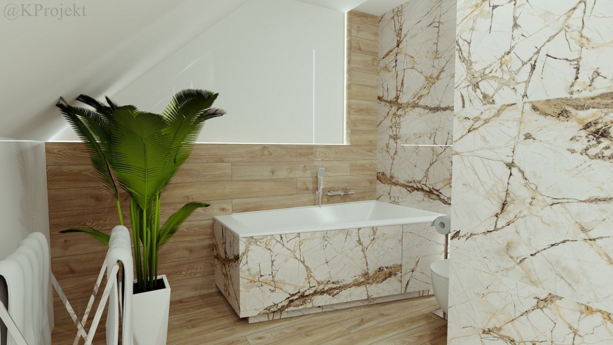 Łazienka na poddaszu z narożną wanną w projekcie salonu BLU Radom