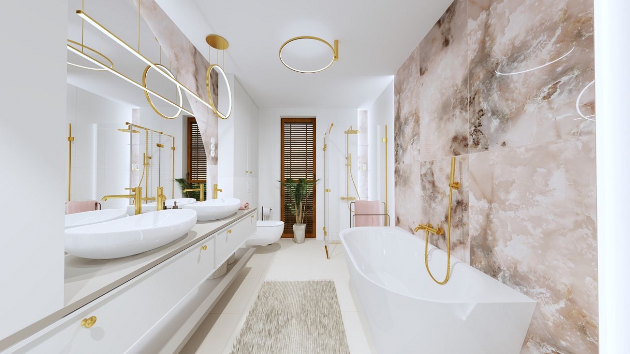 Łazienka w stylu glamour z płytkami Tubądzin Onice Rosa oraz Industrio w projekcie salonu BLU Rzeszów