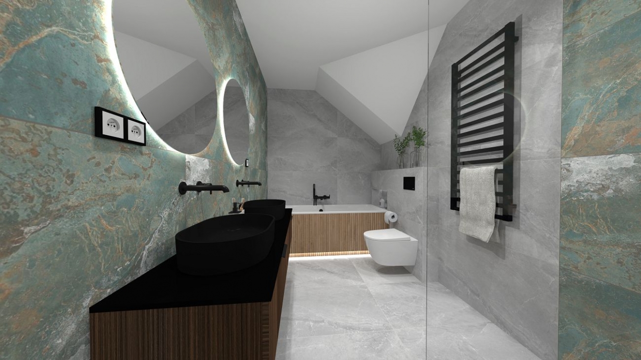 Łazienka z płytkami Azario Retro Blue Matallo  - zdjęcie od BLU salon łazienek Krosno