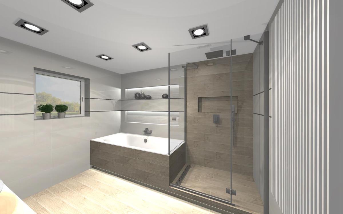 Minimalistyczna aranżacja z płytką drewnopodobną - zdjęcie od BLU salon łazienek Cieszyn