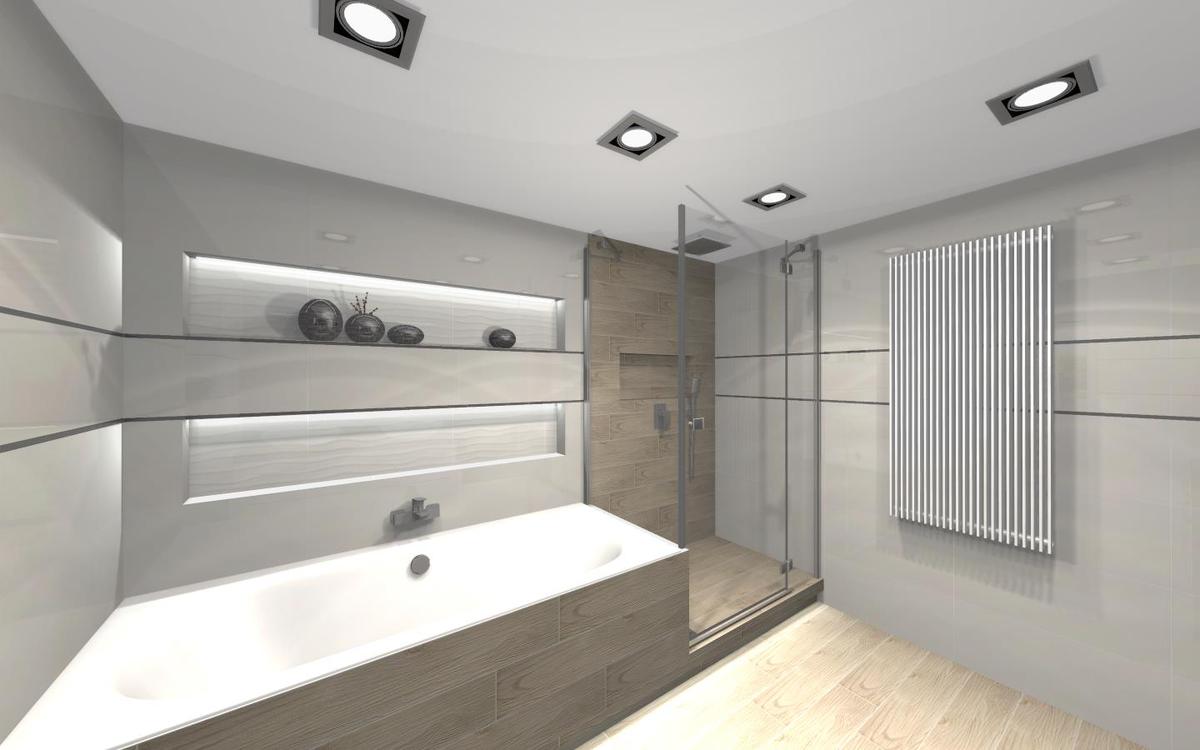 Minimalizm w aranżacji łazienki z płytką drewnopodobną - zdjęcie od BLU salon łazienek Cieszyn