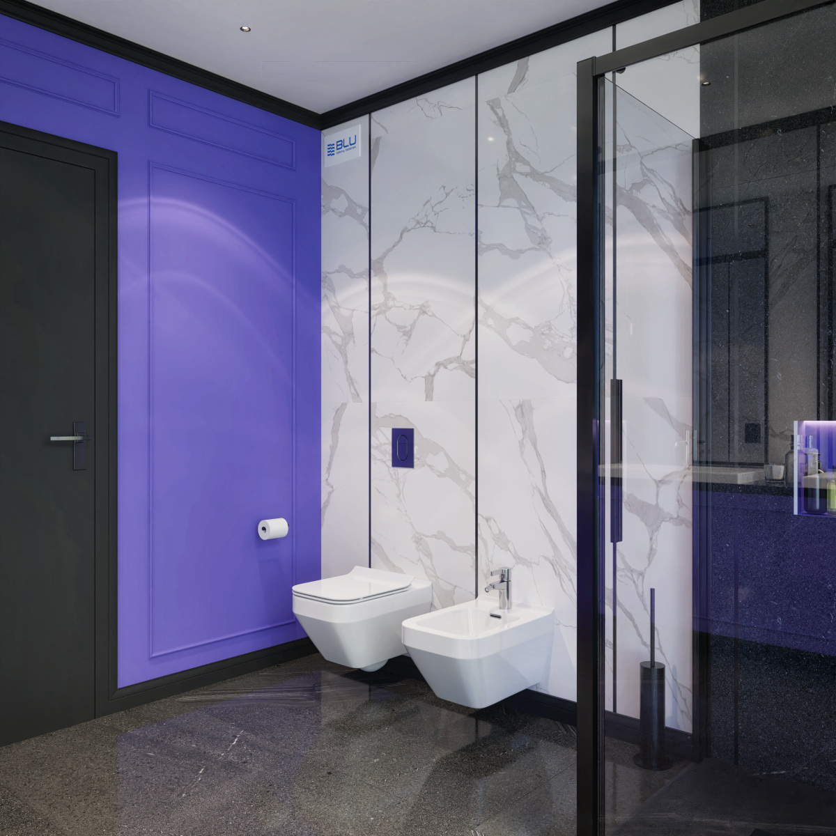 Kolor roku 2022 Very Peri w aranżacji nowoczesnej łazienki z płytkami imitującymi marmur Azario Statu