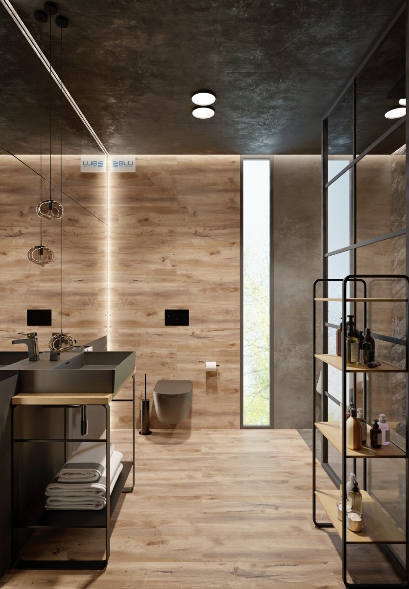 Męska łazienka w nowoczesnym stylu z płytkami imitującymi drewno Azario Bataro Marrone