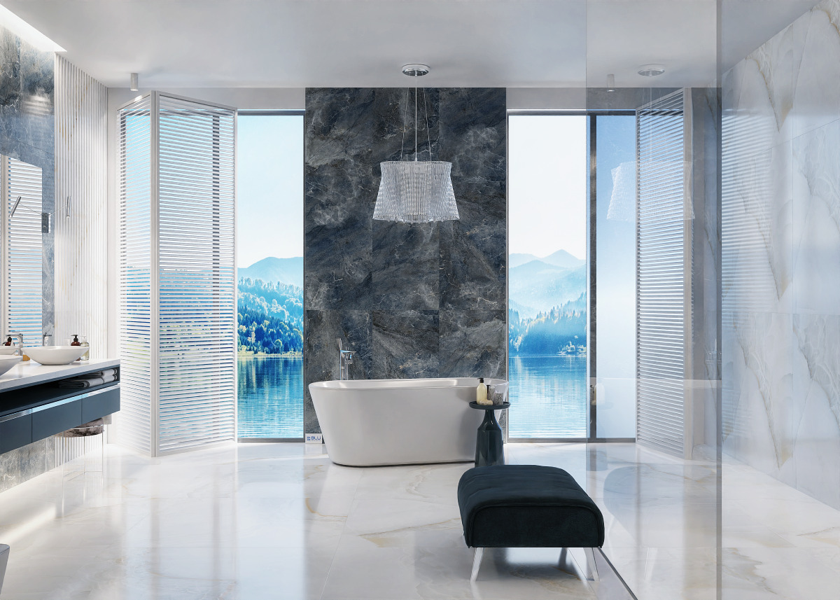 Łazienka w stylu glamour z wanną wolnostojącą IÖ Hole oraz płytkami imitującymi kamień Azario Duomo Azul