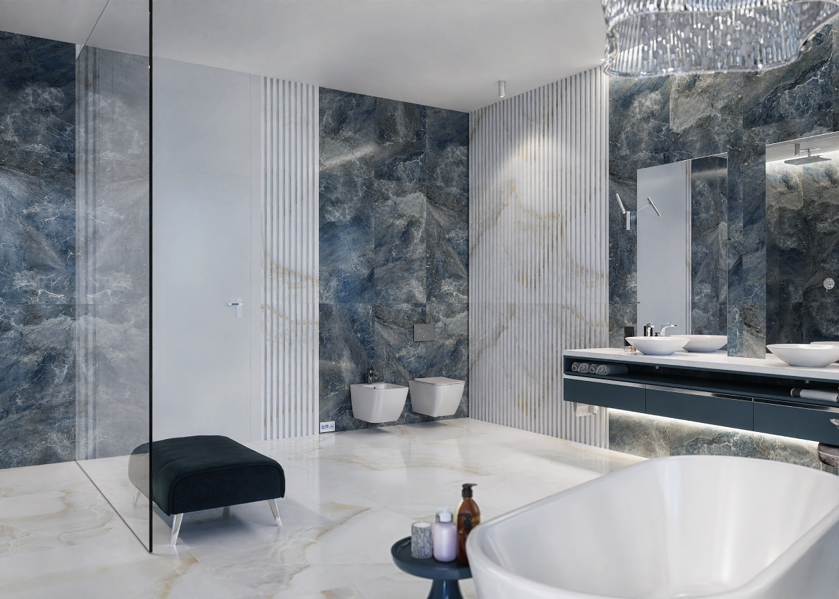 Funkcjonalny salon kąpielowy w granacie i bieli z płytkami Azario Duomo Azul oraz Onice