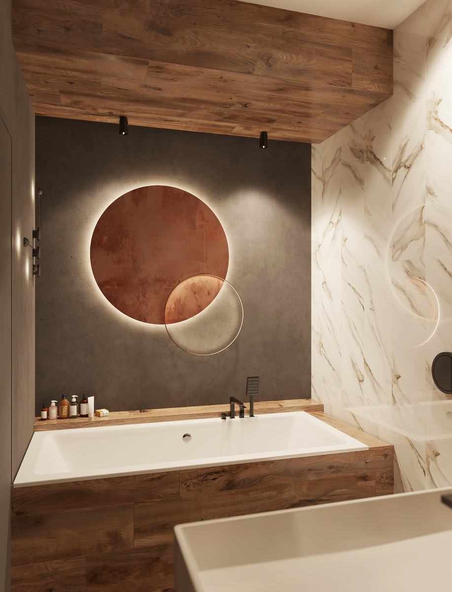 Mała łazienka z wanną i płytkami przypominającymi marmur i drewno