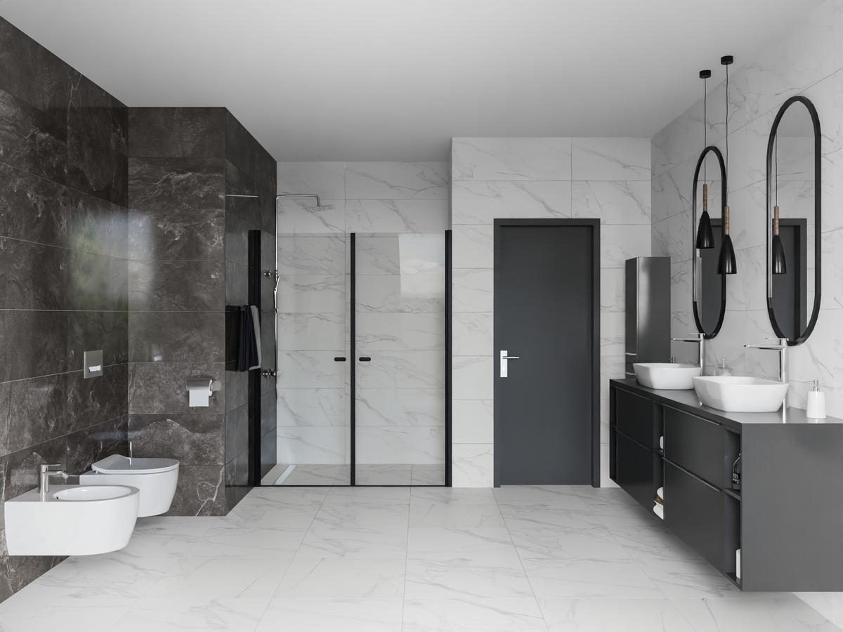 Aranżacja dużej minimalistycznej łazienki dla dwojga - BLU Salony Łazienek
