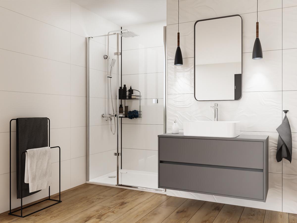 Aranżacja jasnej łazienka z płytką strukturalną marki Opoczno - BLU Salony Łazienek