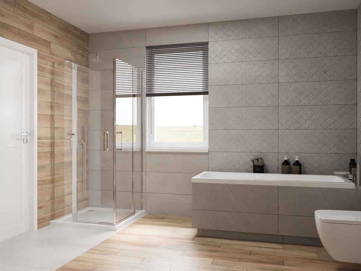 Aranżacja jasno-szarej łazienki w wanną i kabiną prysznicową - BLU Salony Łazienek