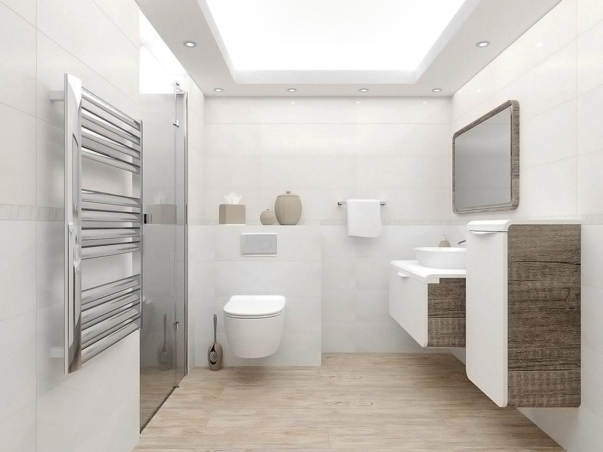 Aranżacja łazienki w bieli i drewnie - Paradyż Wonder - BLU Salony Łazienek