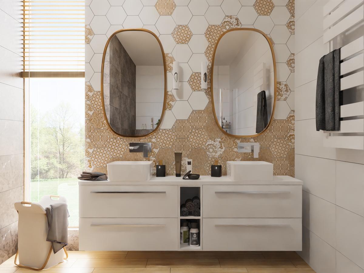 Aranżacja łazienki ze złotą dekoracyjną płytką - BLU Salony Łazienek