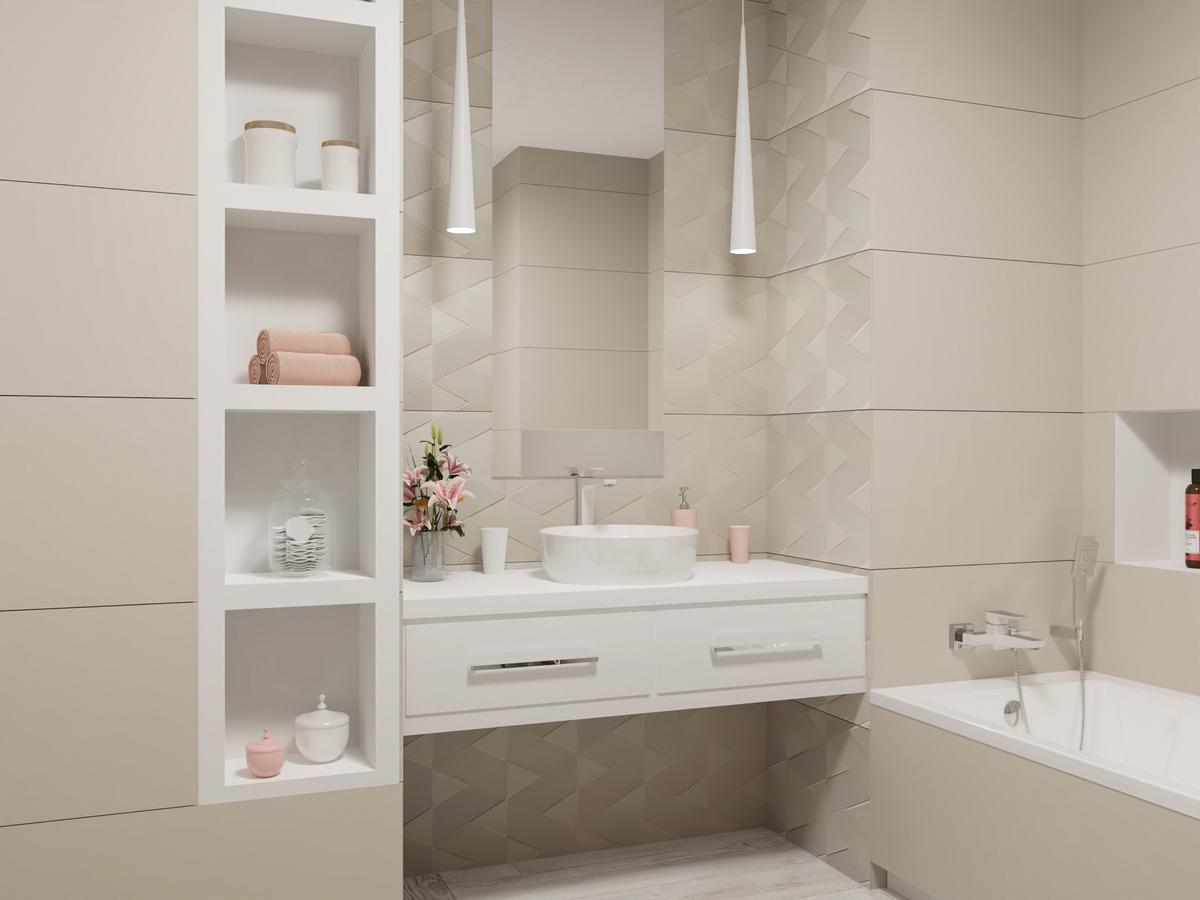 Beżowa łazienka z białymi dodatkami - BLU Salony Łazienek