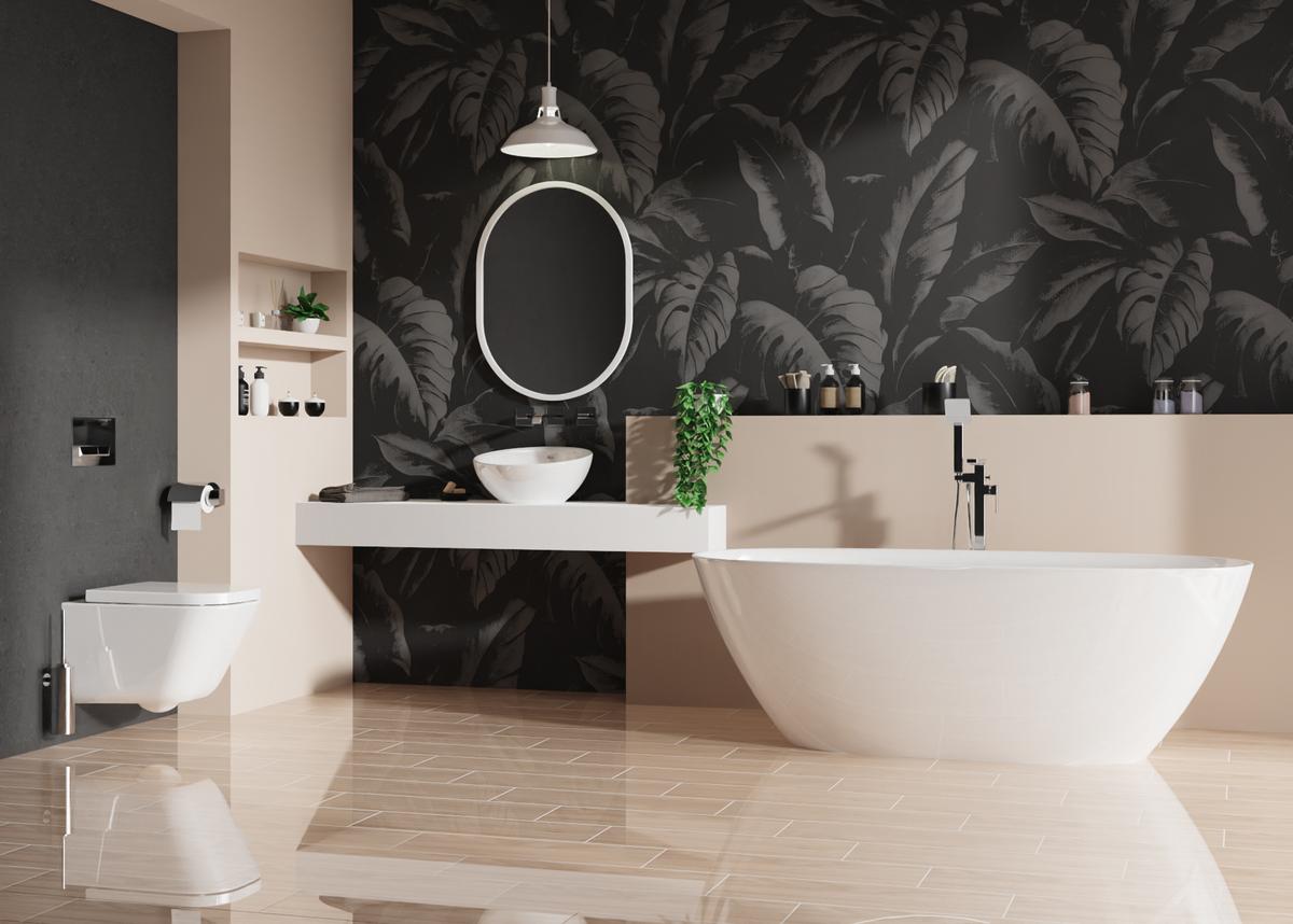 Beżowa łazienka z ozdobna florystyczną tapetą - BLU Salony Łazienek
