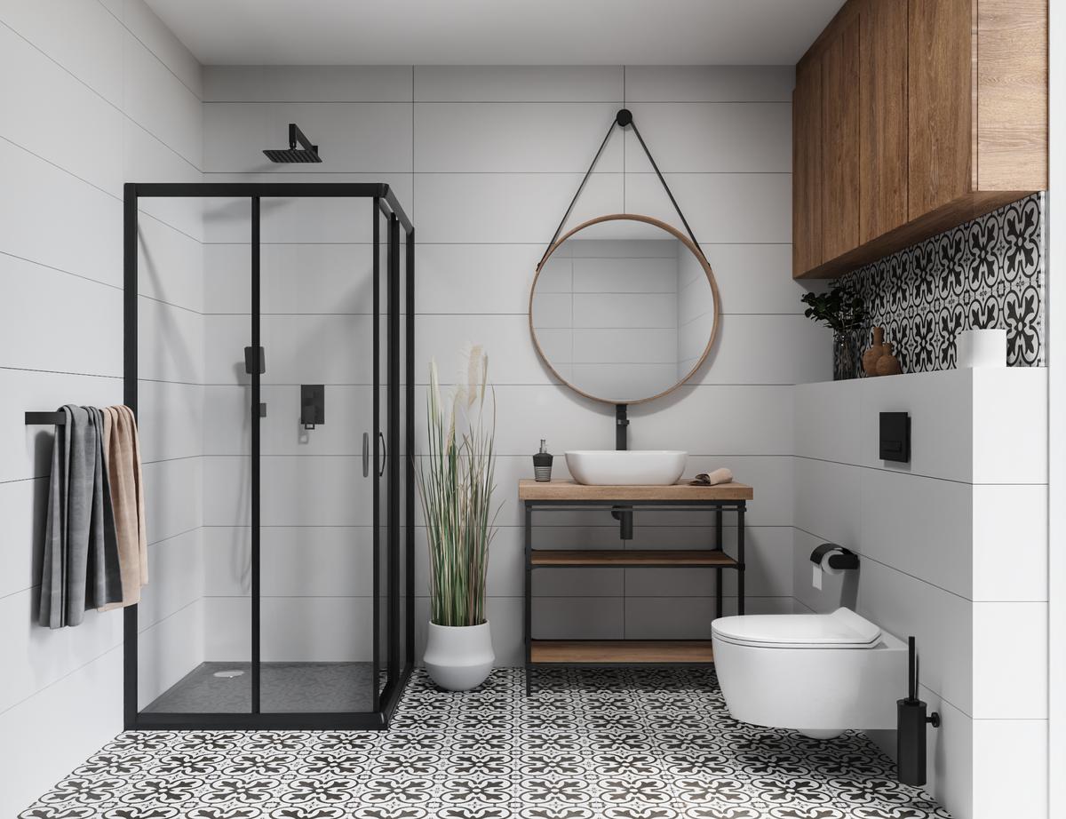 Biało-czarna łazienka w stylu skandynawskim z płytką patchworkową - BLU Salony Łazienek