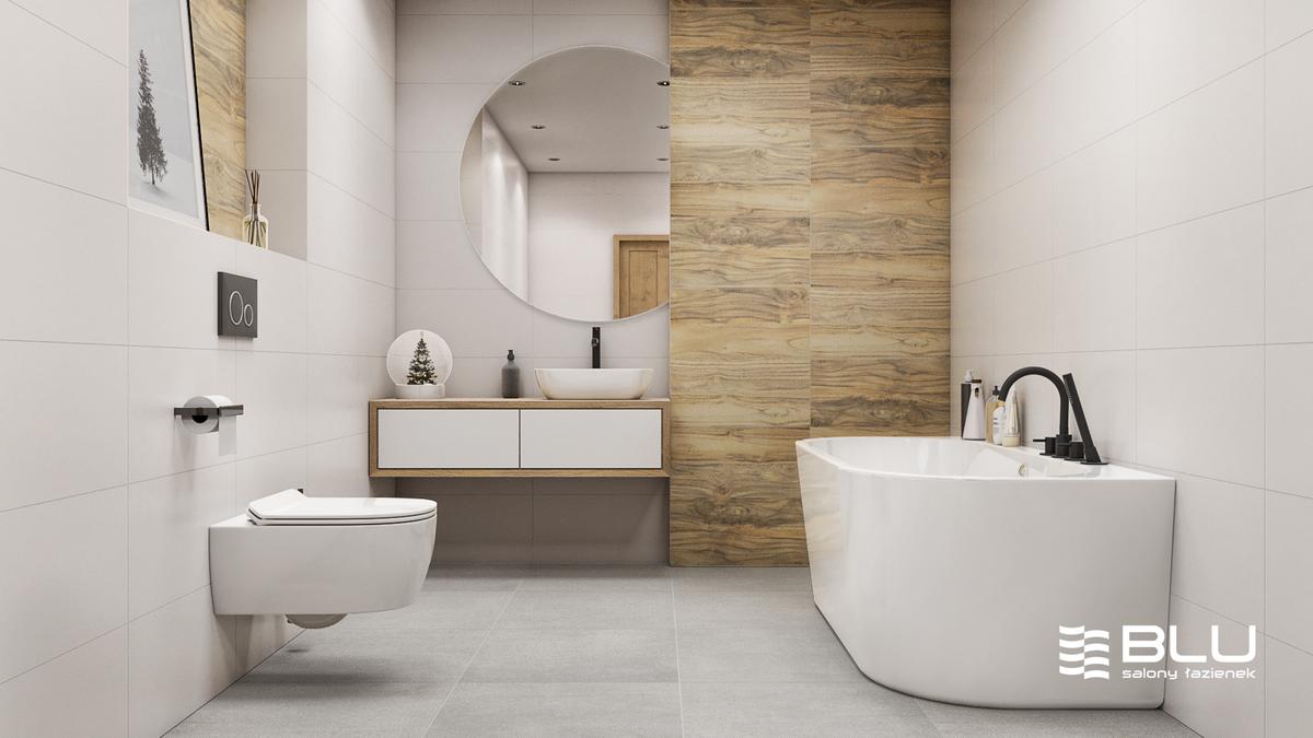 Biało-drewniana łazienka z płytkami Vijo Sumat Bianco i Puntino brown - BLU Salony Łazienek
