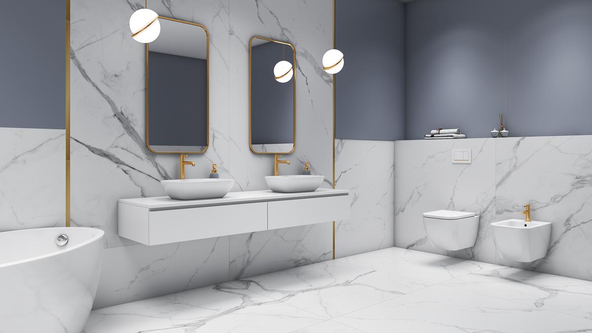 Biało-szara łazienka zdobiona złotem - BLU Salony Łazienek