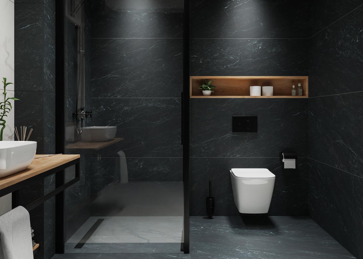 Ciemne płytki Tubądzin Regal Stone Mat w minimalistycznej łazience - BLU Salony Łazienek