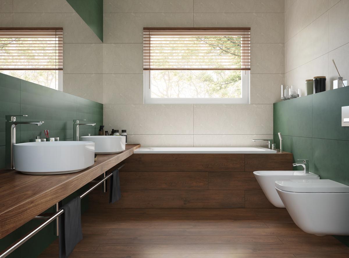 Ciemno zielona łazienka z drewnem - BLU Salony Łazienek