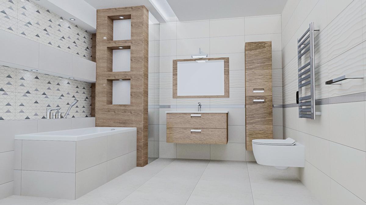 Drewniany akcent w jasnej łazience - BLU Salony Łazienek