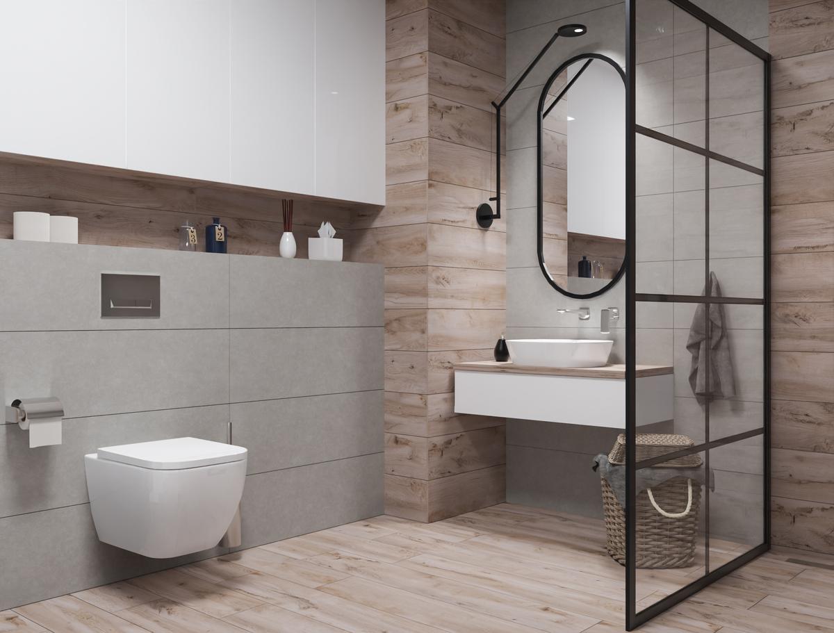 Drewno i szara płytka w nowoczesnej łazience - BLU Salony Łazienek