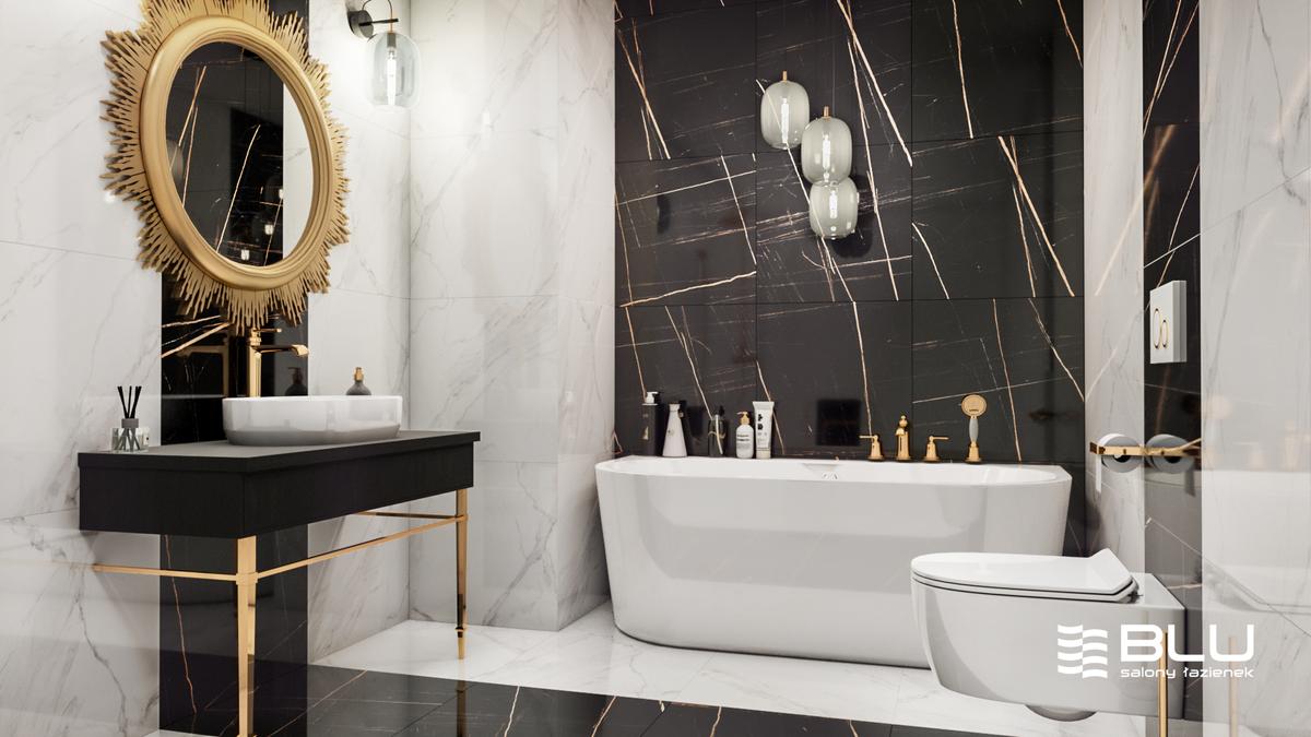 Elegancka łazienka z płytkami Azario Tanami Nero New, Royality Carrara - BLU Salony Łazienek