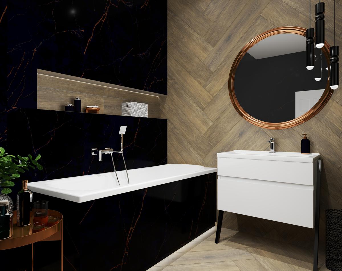 Eleganckie połączenie drewna i marmuru w łazience - BLU Salony Łazienek
