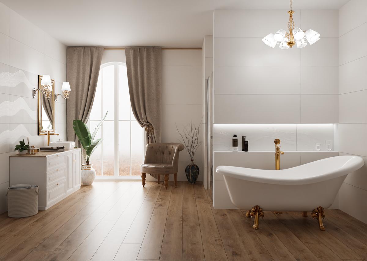 Francuska łazienka z wanną retro i drewnem Opoczno Grand Wood Rustic - BLU Salony Łazienek