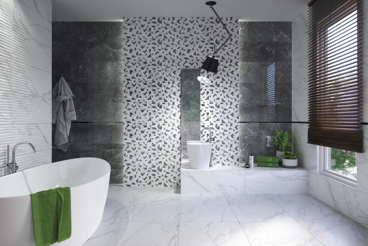 Geometryczne dekory w biało-szarej łazience Azario Bireno  - BLU Salony Łazienek