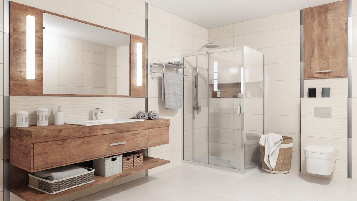 Jasna łazienka z drewnianymi akcentami - BLU Salony Łazienek