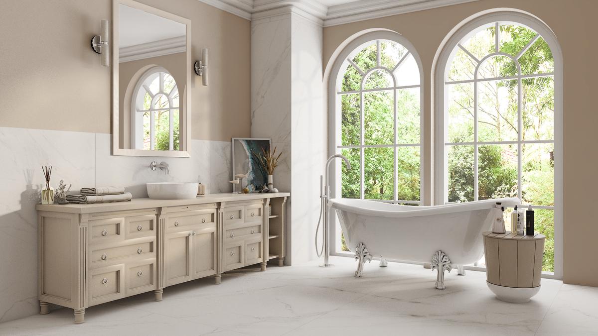 Łazienka w stylu Hampton – luksus białych płytek Azario Carrara Naos - BLU Salony Łazienek