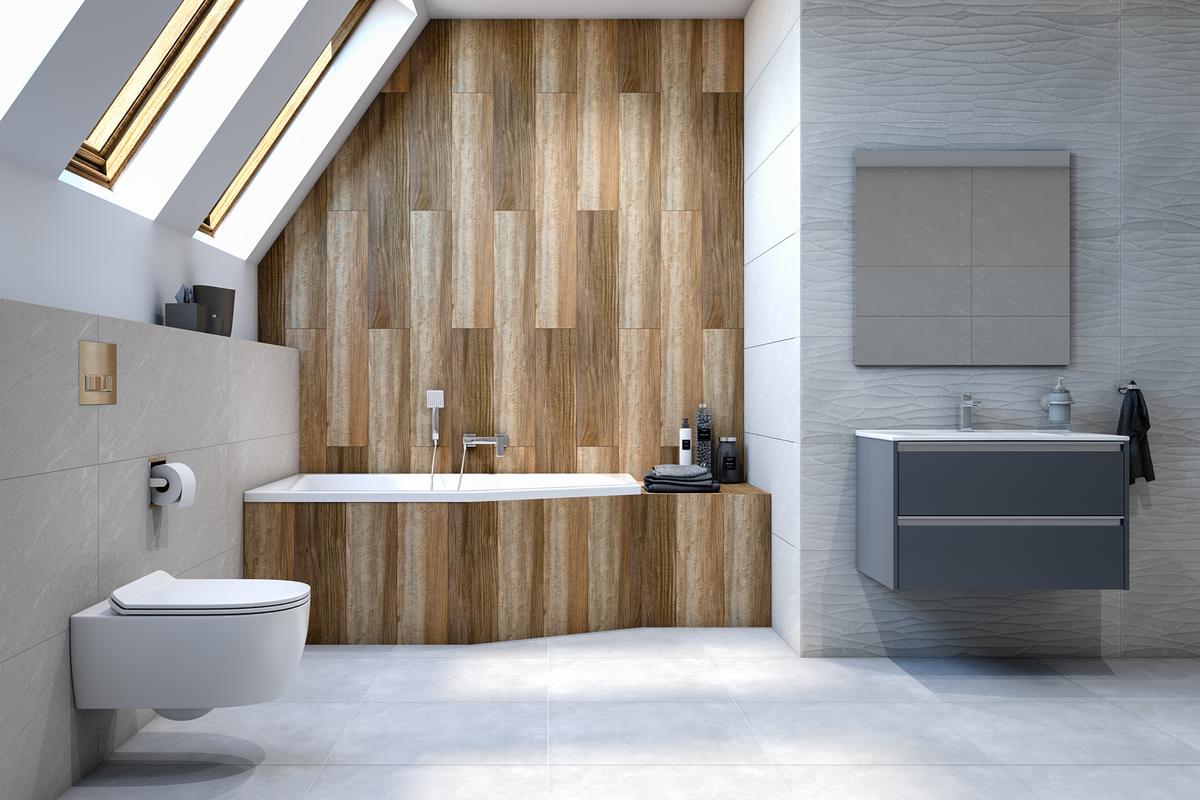 Łazienka z drewnianą ścianą w strefie kąpielowej - BLU Salony Łazienek