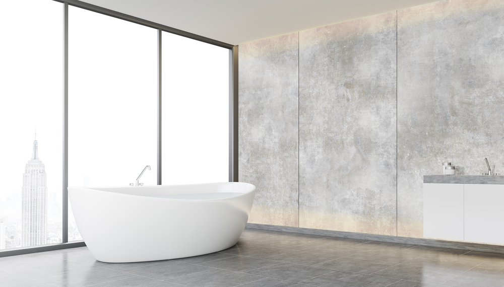 Płytka Azario Luna Bianco w aranżacji minimalistycznej łazienki