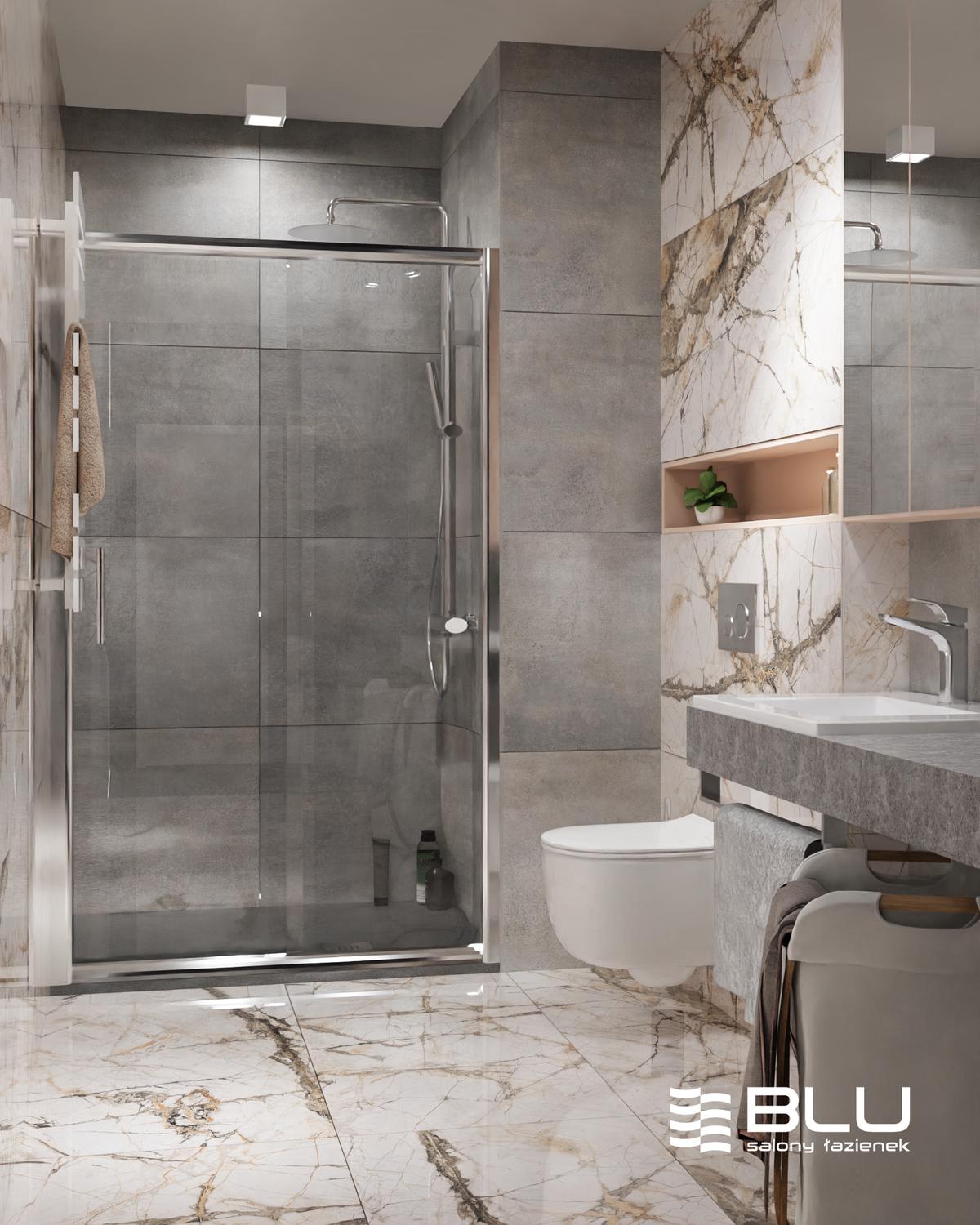 Mała łazienka z prysznicem w płytkach Azario Gristone i Aricone Grys - BLU Salony Łazienek