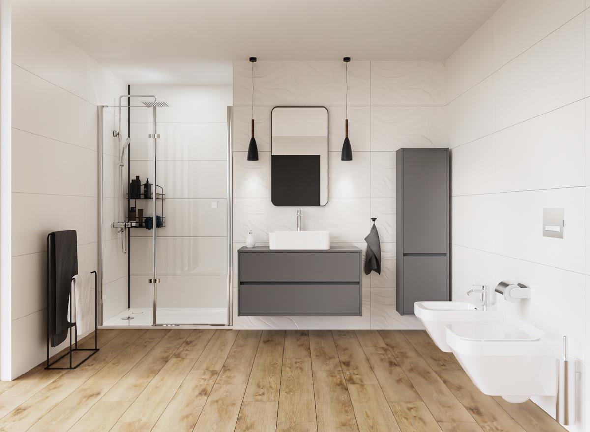 Minimalistyczna łazienka z płytką drewnopodobną i szarymi szafkami - BLU Salony Łazienek