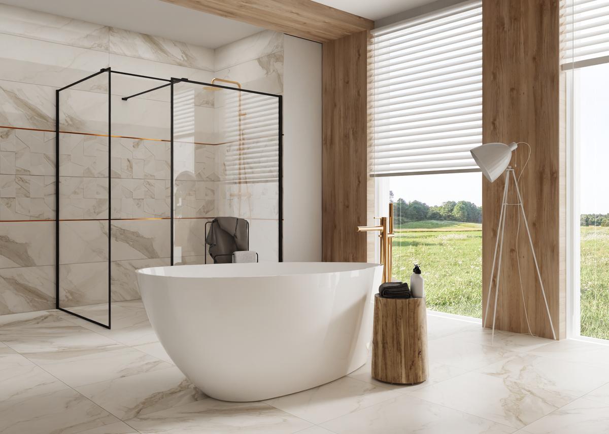 Piękna łazienka z podziałem na strefy, komfort w marmurowym otoczeniu - BLU Salony Łazienek