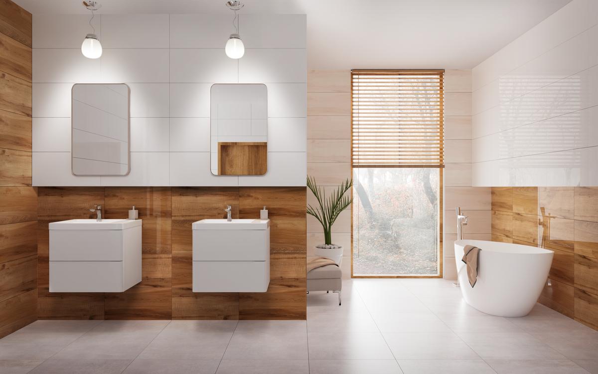 Płytki Vijo Vena imitujące wygląd drewna w wizualizacji łazienki - BLU Salony Łazienek